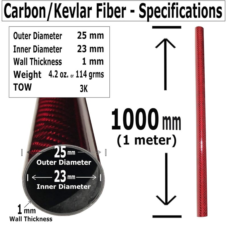 KARBXON (2) - Carbon Fiber Tube - RED - 25mm X 23mm X 1000mm - Hollow Carbon Fiber rods - Glossy Carbon Tubes - Pure Carbon Fibre Tubes - Lightweight High Strength Carbon Fiber Shaft (2) Tubes - Image 2